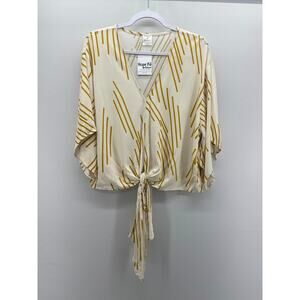 By Together Geometric Stripe Cream Mustard V-Neck Tie Waist Short Sleeve Blouse
